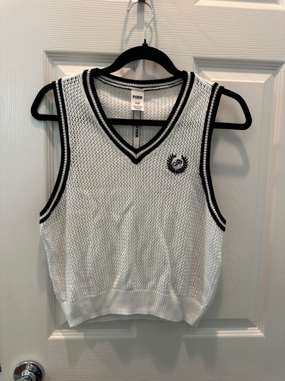 NWT PINK White Mesh Knit Sweater Vest with Black Trim